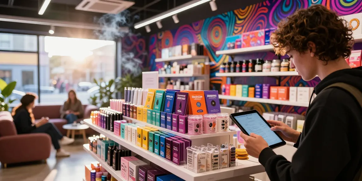 Browsing crystal MDMA online in a vibrant retail environment, showcasing psychedelic product designs and inviting atmosphere.