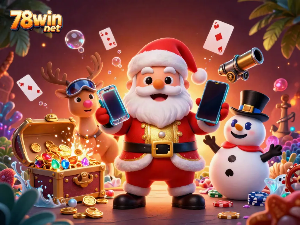 Experience thrilling jackpots at 78wincom net with Santa and friends in a vibrant casino scene.