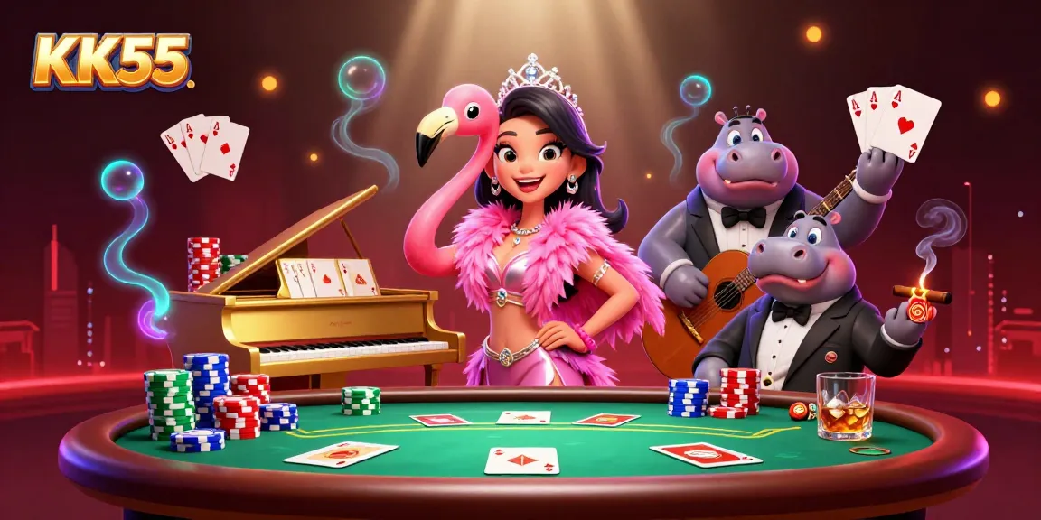 Experience thrilling moments at KK55 casino with a vibrant 3D scene of colorful poker elements.