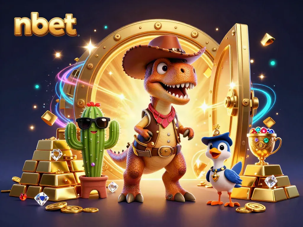 Engage with nbet's exciting gaming world featuring a vibrant 3D dinosaur and treasures.