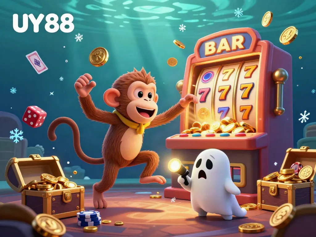UY 88 shows a poltergeist monkey juggling golden coins, cards, and chips in a lively casino.