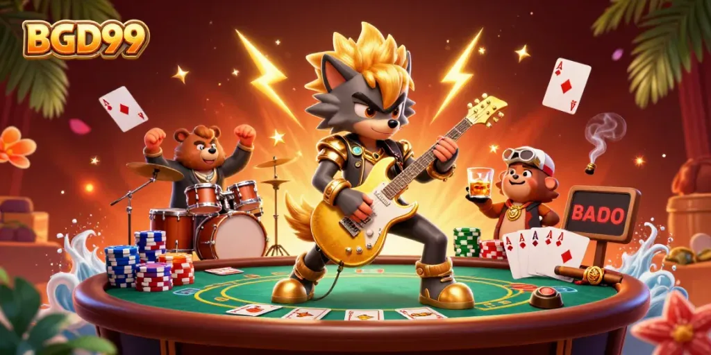 Engage with the thrill of BGD99 as a wolf rock star performs on stage amidst vibrant poker elements.