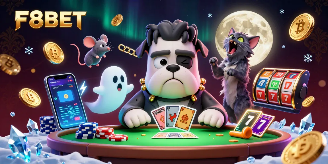 Engage with F8BET's festive casino fun featuring a lively scene of cartoon characters and vibrant gaming elements.