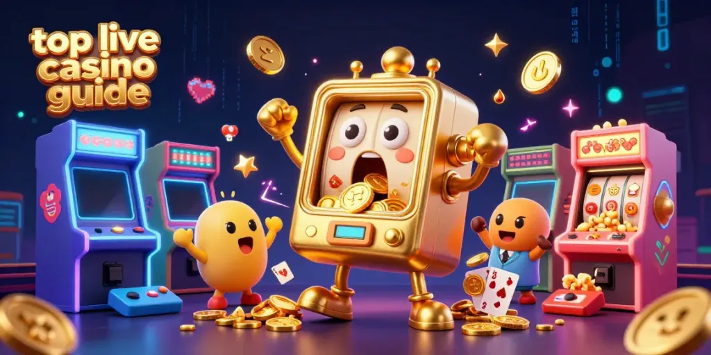 Engage with the top live casino guide in a vibrant 3D casino scene featuring animated slot machines and game elements.