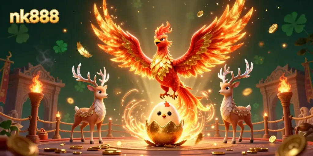 Watch the spectacular nk888 phoenix soar in the vibrant casino battle arena, surrounded by gold coins and fiery ambiance.