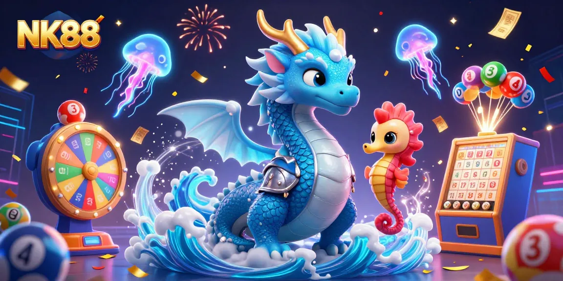 Win big with NK88 lottery features featuring colorful balls and an exciting 3D dragon.