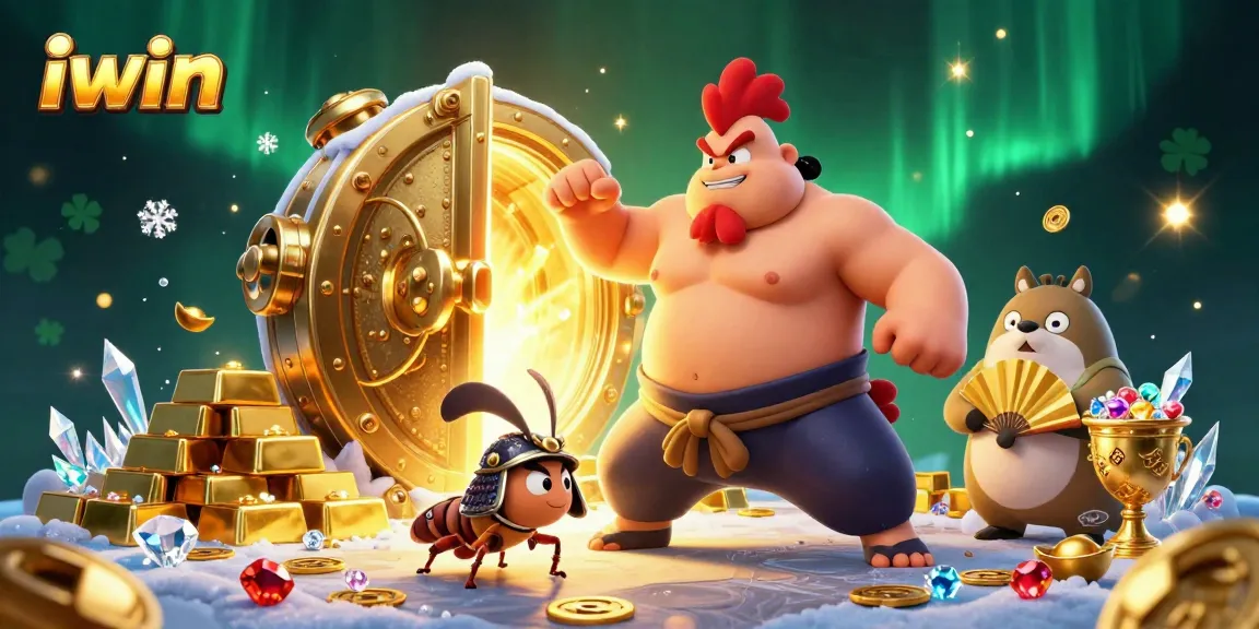 iwin showcases a powerful sumo wrestler rooster amid sparkling jewels and vibrant casino elements.