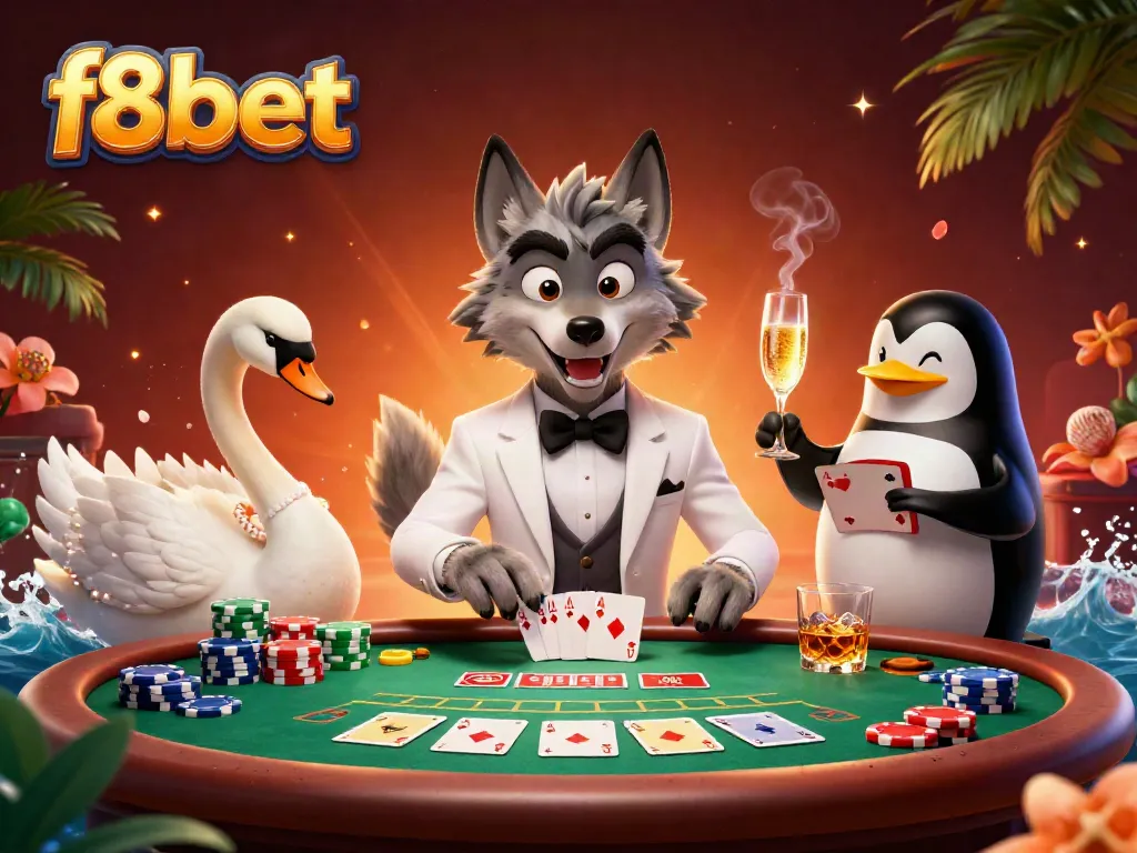 Experience thrilling moments at f8bet with a lively 3D cartoon casino scene showcasing community gaming camaraderie.
