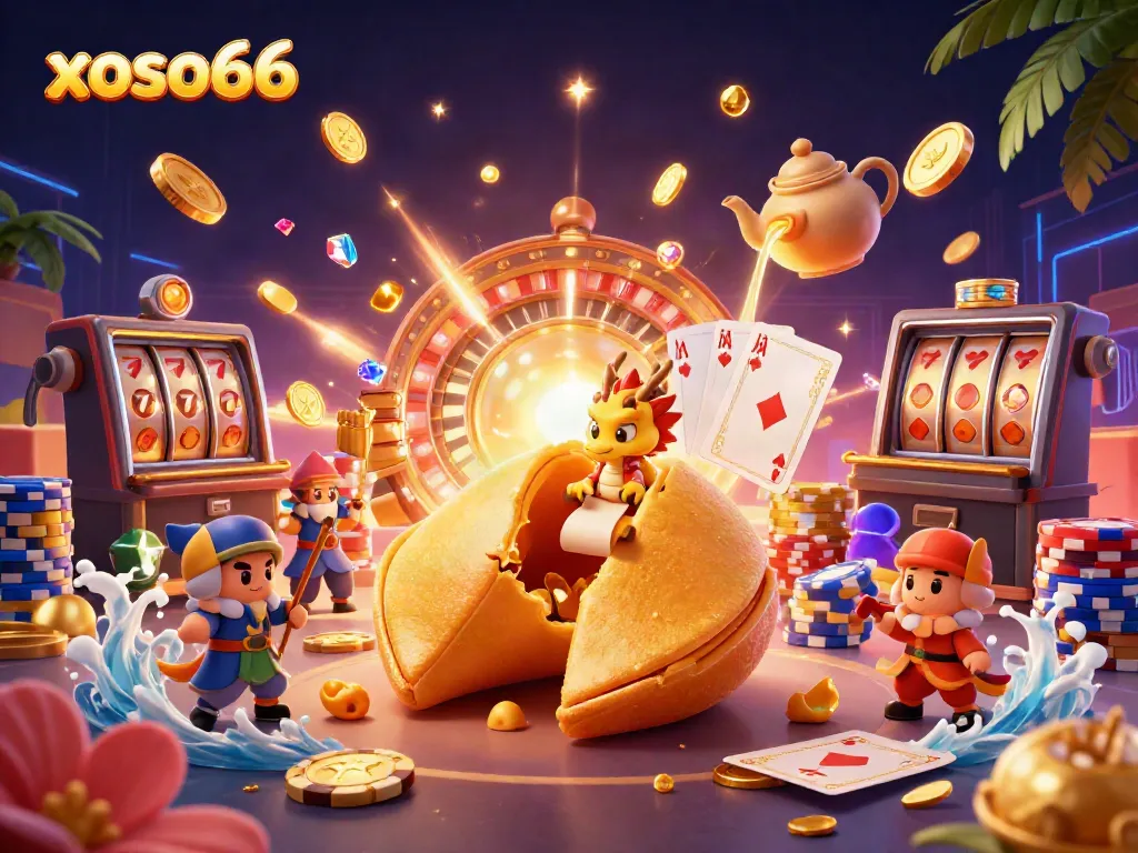 Win big with xoso66, featuring a dynamic scene of a golden fortune cookie and gambling elements.