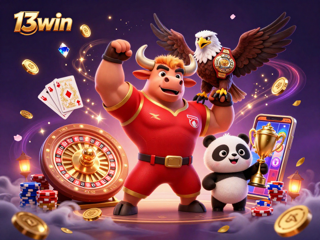 Engage with 13win's thrilling casino experience featuring a vibrant 3D bull mascot, eagle champion, and joyful panda.