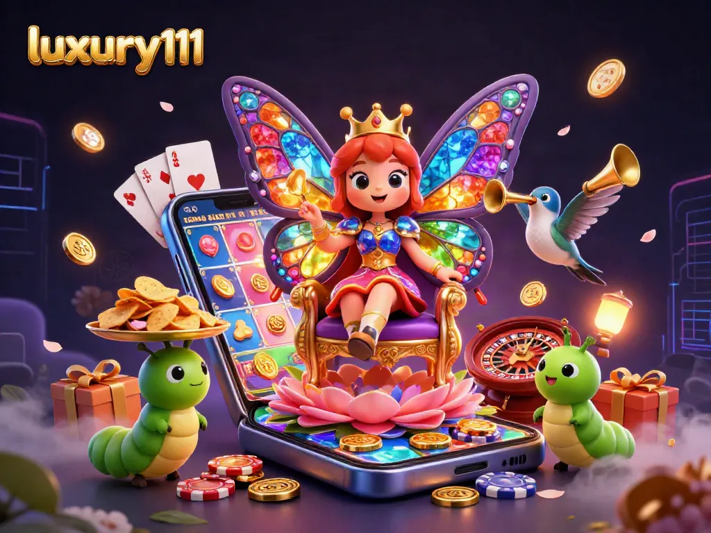 Spin the reels with luxury111 featuring a butterfly queen and gaming elements in a vibrant casino scene.