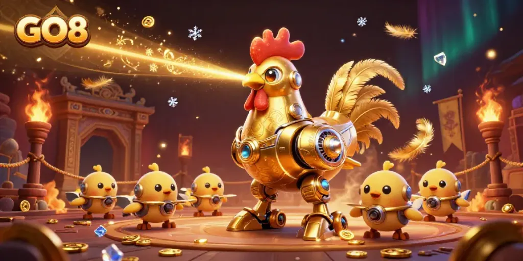Engage with the vibrant GO8 casino scene featuring a golden rooster robot in action.