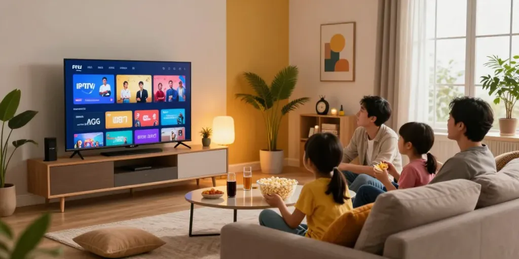 Family enjoying IPTV movie night in a cozy living room