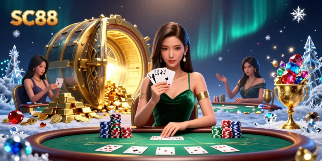 Play cards at SC88's luxurious poker table surrounded by treasures and glowing gems.