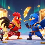 LIGA2000 menampilkan pengalaman slot yang mendebarkan dengan ayam jantan kartun yang dinamis dan harta karun emas di arena.