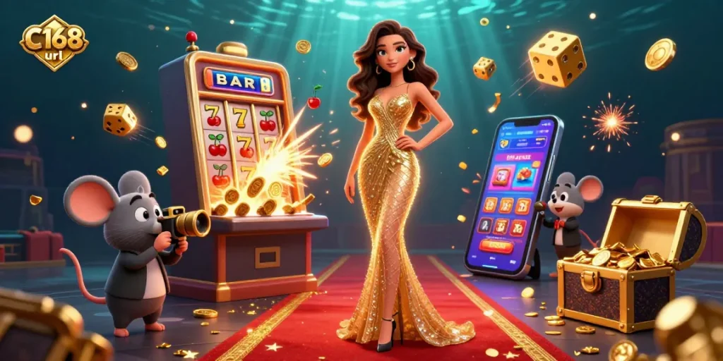 Spin the reels with excitement at C168 url as a stunning woman celebrates a jackpot win on the red carpet.