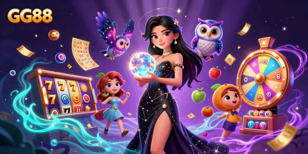 GG88 offers a dazzling casino experience with vibrant slot reels and a mystical atmosphere.