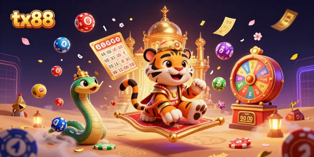 Experience the excitement of tx88 with a vibrant 3D casino scene featuring thrilling lottery elements and captivating characters.
