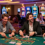 Exciting gameplay at the 123b casino with friends celebrating a win at the roulette table amidst a vibrant crowd.