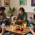 Friends enjoying game bài zowin on smartphones in a cozy living room setup.