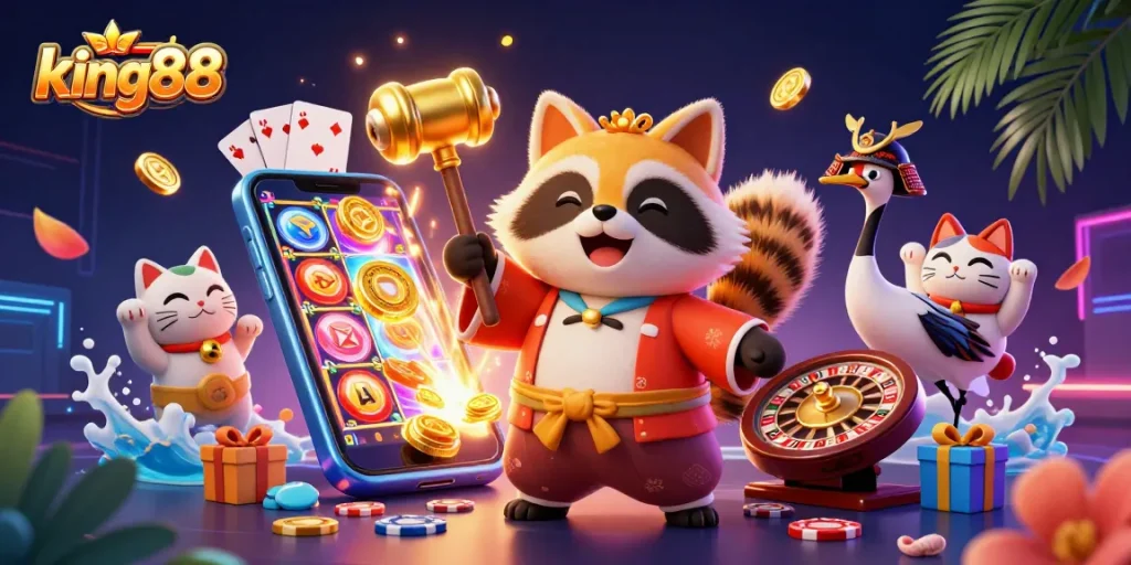 Engage with king88's vibrant casino scene featuring lively characters and dynamic gaming elements.