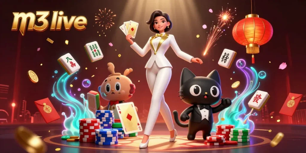 Join the excitement at m3 live and shuffle cards amidst vibrant gaming elements and lively casino atmosphere.