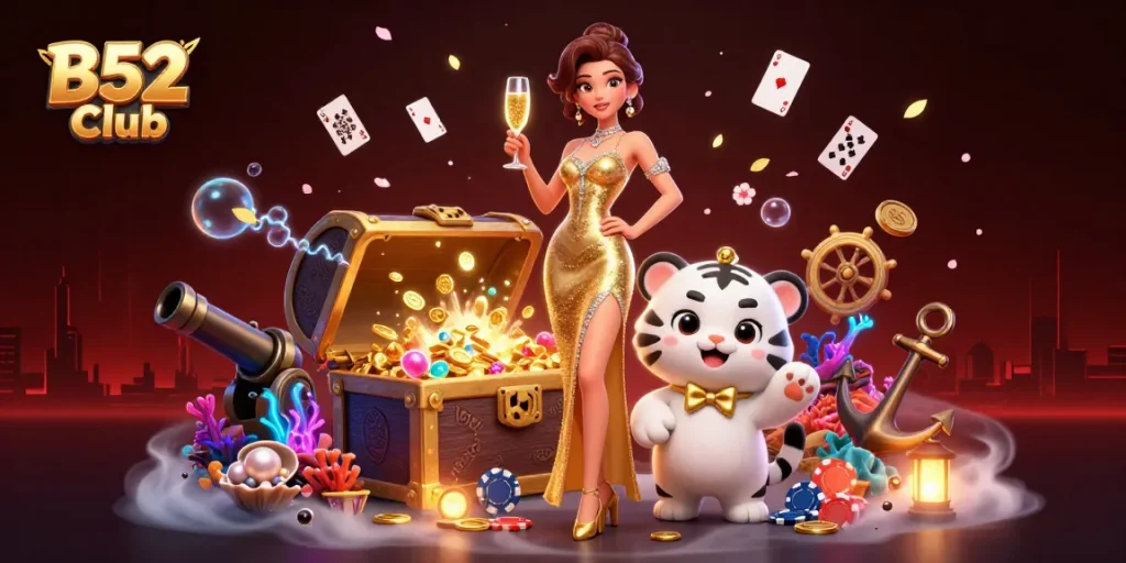 B52 Club offers an exciting online gaming experience with glamorous visuals and vibrant casino elements.