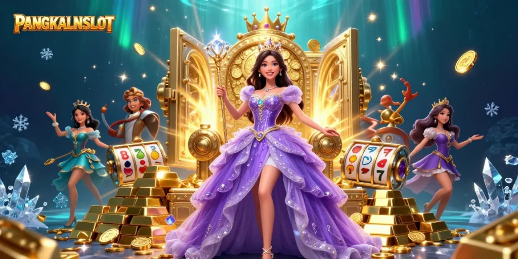PANGKALANSLOT showcases a stunning illustration of a beautiful Asian woman amidst riches and slot machines.