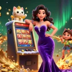 xem kèo bóng đá with a glamorous woman and fortune cat at a slot machine in a vibrant sports betting scene.