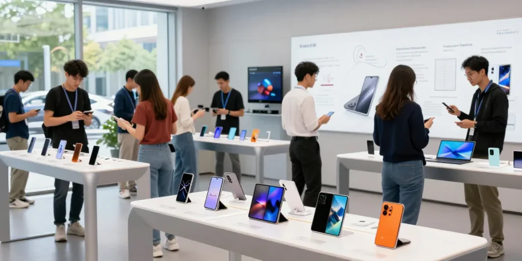 Showcasing foldable phones 2026 in a tech showroom with vibrant displays.