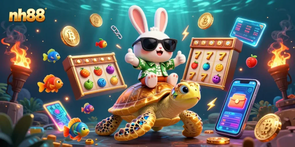 Win big at nh88 with a lively 3D scene showcasing exciting casino elements and a lucky rabbit!