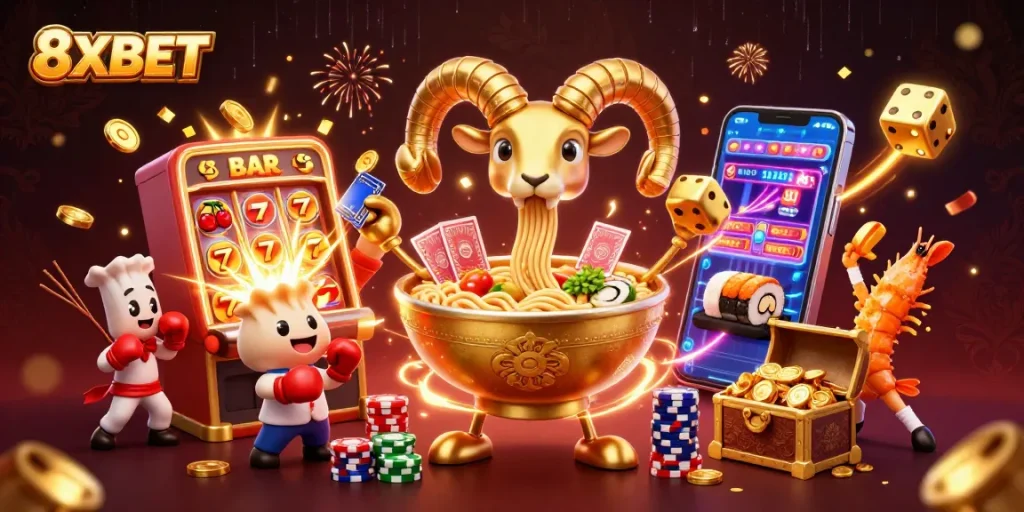 Experience the action at 8XBET with vibrant gaming elements and dynamic characters in this 3D illustration.