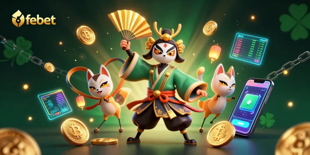 Experience thrilling gaming at febet with kabuki warrior and neon crypto elements in vibrant illustration.