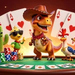 Win big with UU88 at the dynamic casino scene featuring T-Rex and poker elements!