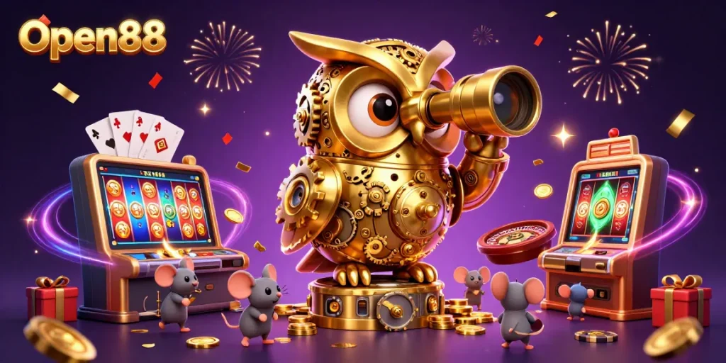 Open88 players winning big with a 3D owl overseeing a festive casino floor.