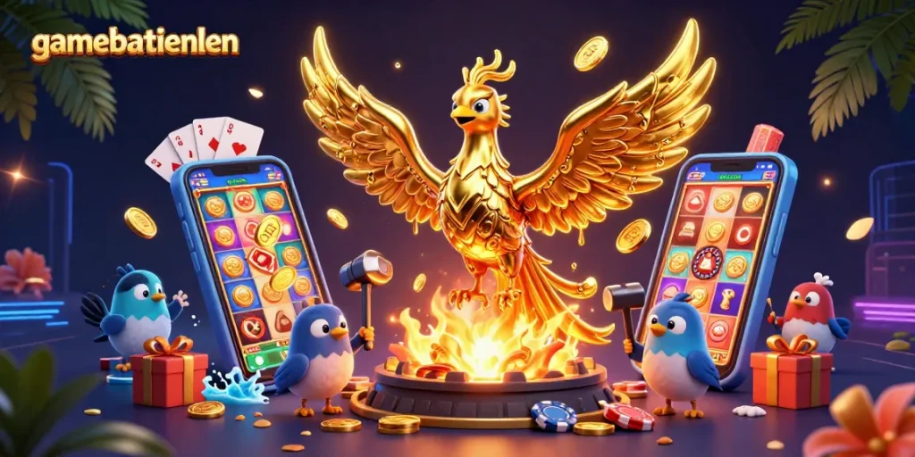 Play exciting casino games like gamebaitienlen with dynamic golden phoenix and captivating slot visuals.