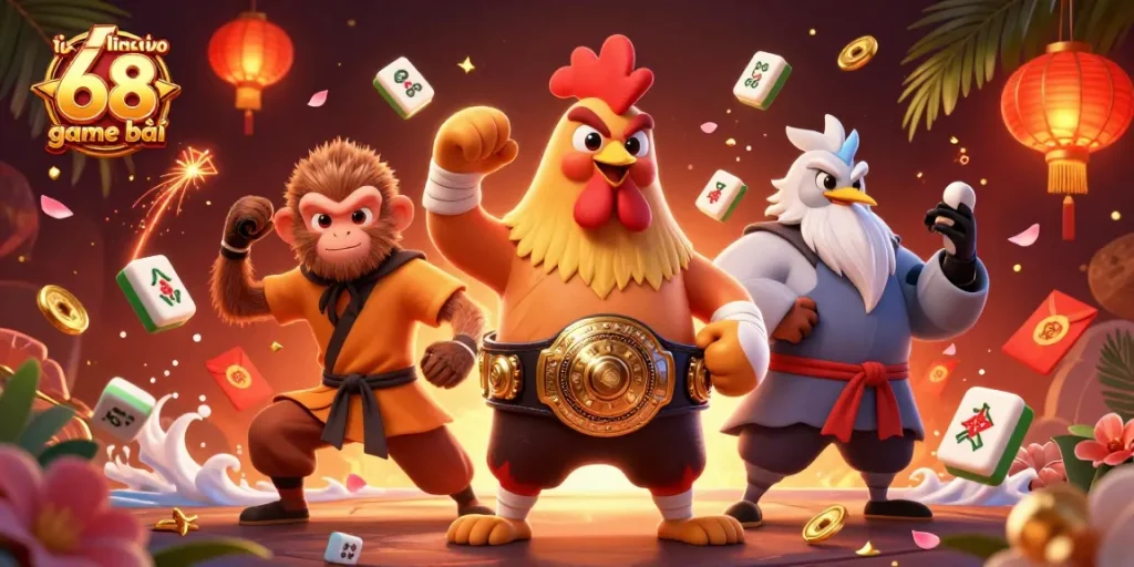 Win big with link vào 68 game bài in this vibrant 3D casino scene featuring dynamic characters and festive elements.