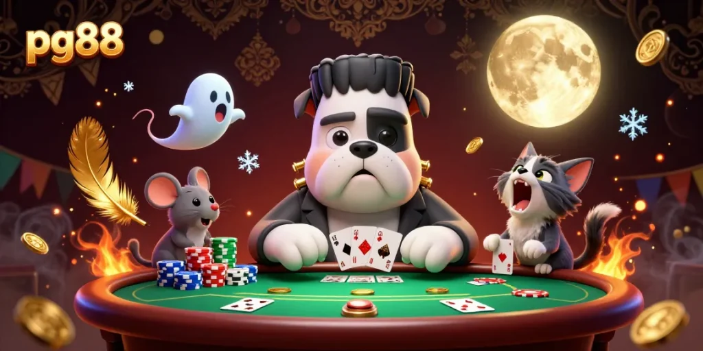 Engage in thrilling poker action with pg88 featuring a cartoon bulldog dealer, vibrant chips, and exciting atmosphere.