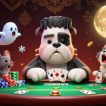 Engage in thrilling poker action with pg88 featuring a cartoon bulldog dealer, vibrant chips, and exciting atmosphere.
