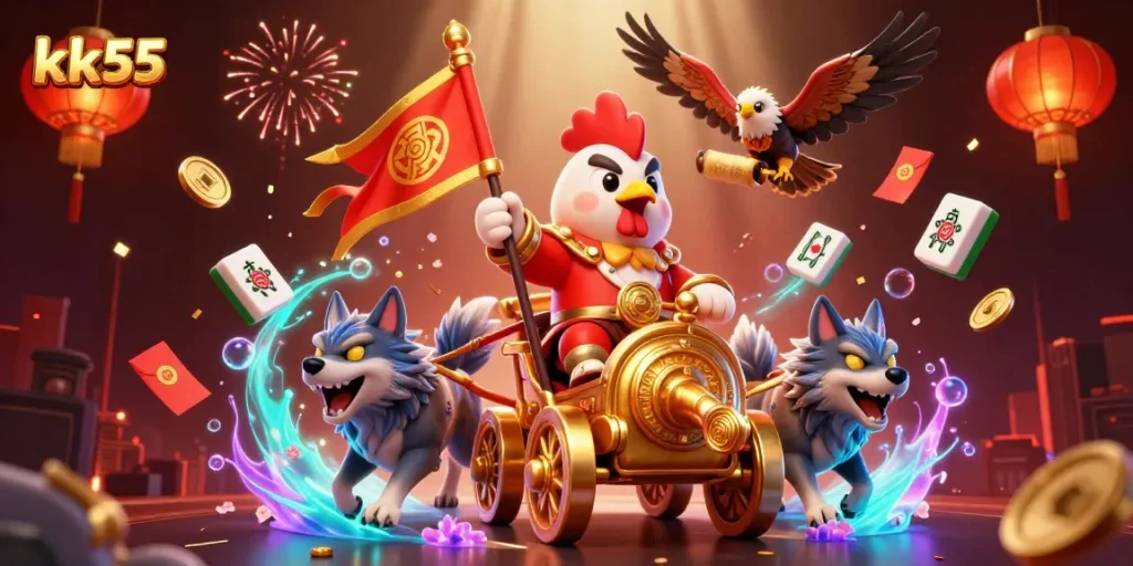 kk55 brings excitement with a rooster warlord in a golden chariot amidst dynamic casino elements.