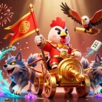 kk55 brings excitement with a rooster warlord in a golden chariot amidst dynamic casino elements.