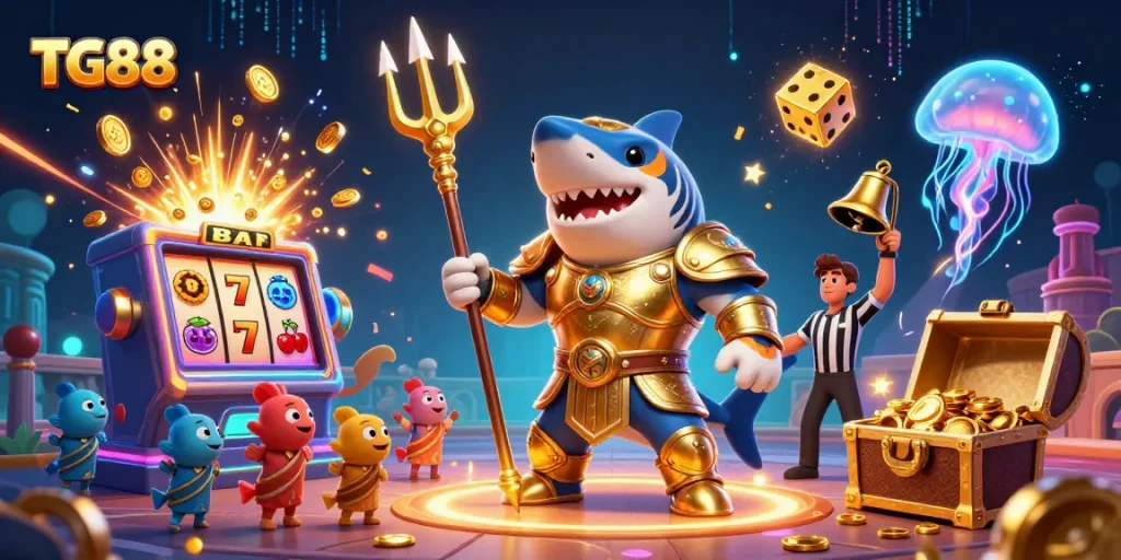 Experience thrilling gameplay at TG88 with a tiger shark champion in a vibrant underwater casino.