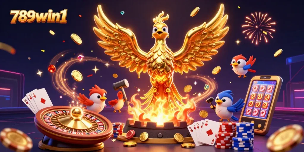 Experience the excitement of 789win1's casino games with a dynamic golden phoenix illustration.