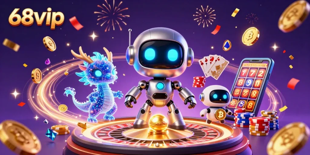 Engage with 68vip in a vibrant casino scene featuring futuristic characters and thrilling game elements.