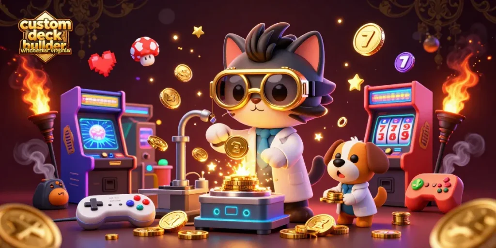 Engaging custom deck builder winchester virginia scene showcasing a mad scientist cat and dog in a lab with casino elements.