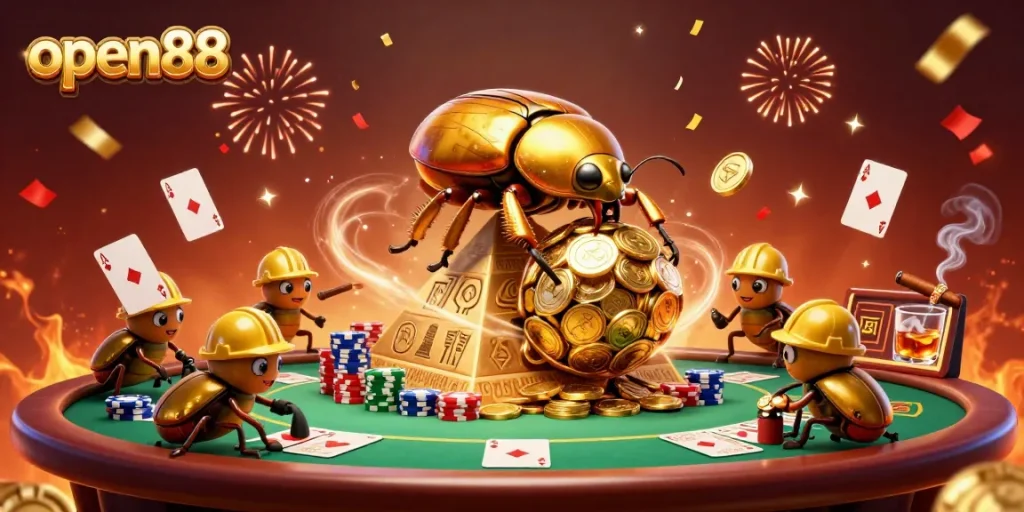 Engage with open88 in a vibrant 3D illustration showcasing a golden beetle and poker action.