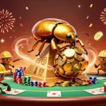 Engage with open88 in a vibrant 3D illustration showcasing a golden beetle and poker action.