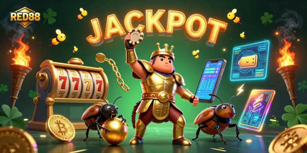 Experience the excitement of RED88 while the gladiator beetle celebrates jackpot wins in a vibrant casino scene.