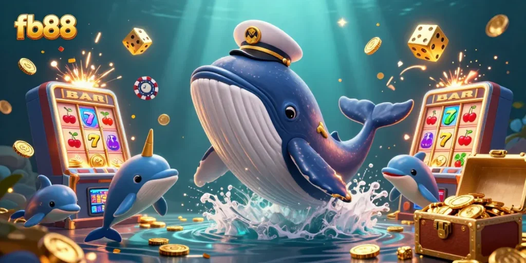 Experience the excitement of fb88 with a cartoon whale, dolphins, and vibrant casino elements.
