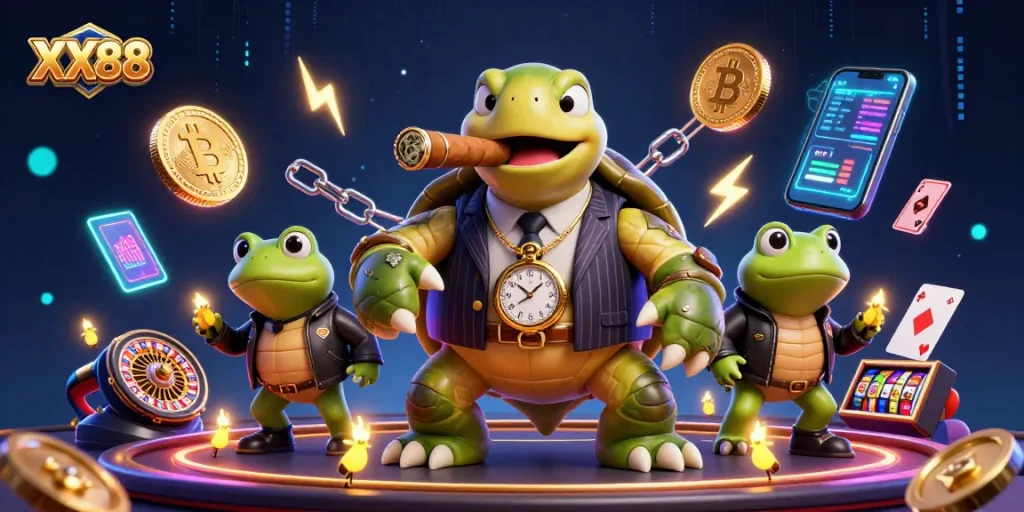 Engage in thrilling casino action at XX88 with cartoon characters and digital gaming elements.